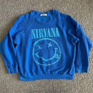 Daydreamer Nirvana Smiley Reverse Raglan Crew in Washed Cobalt Sweater